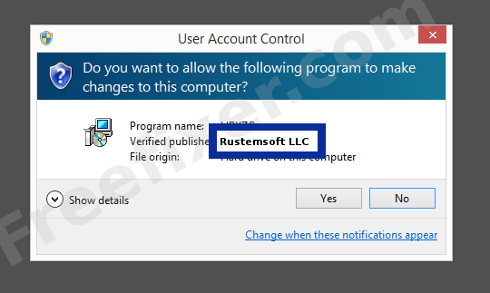 Screenshot where Rustemsoft LLC appears as the verified publisher in the UAC dialog